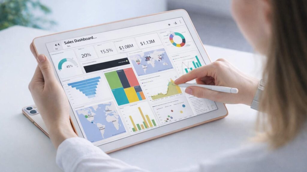 Donna che consulta una dashboard di un gestionale web realizzata, in questo caso, con Power BI